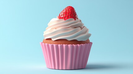 Pink cupcake with white frosting and a strawberry. Perfect for websites, blogs, or recipes related to desserts and baking.