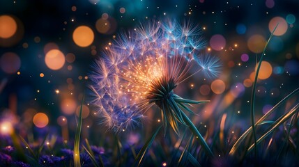 A magical close-up of a glowing dandelion at night, illuminated from within by vibrant, ethereal light. The delicate seed filaments shimmer with hues of purple, blue, and warm golden tones.