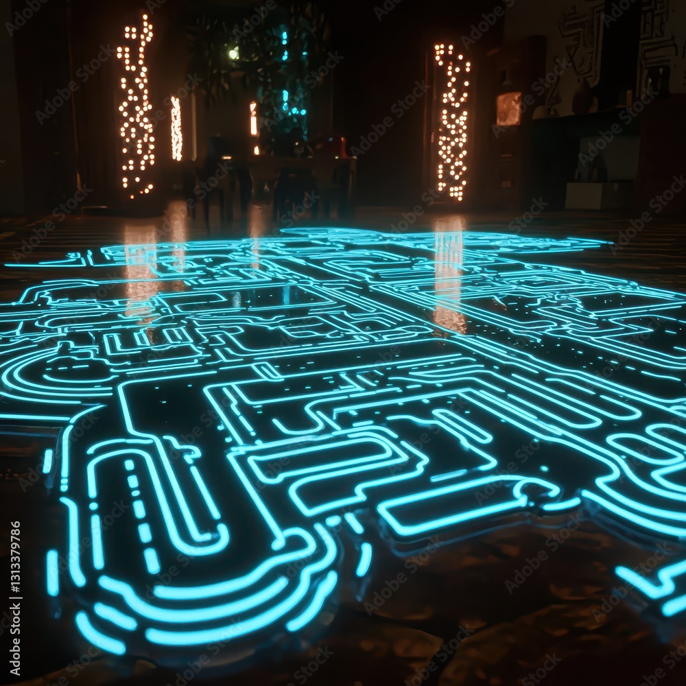 Poster futuristic neon floor design with circuit patterns in modern setting