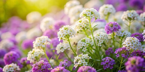Obraz premium Summer Garden: Delicate White, Lilac & Violet Alyssum Flowers in Low Light