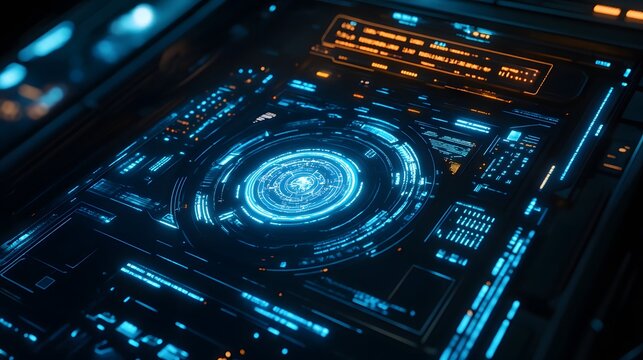 Futuristic digital interface features glowing lights and circular graphic displays