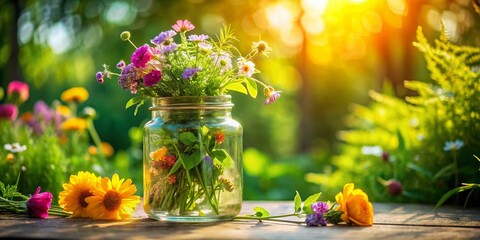 Sunlit Glass Jar in Vibrant Summer Garden - Rule of Thirds Composition