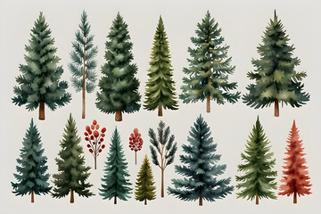Obraz premium Collection of Christmas trees in watercolor style, isolated on white or transparent PNG.