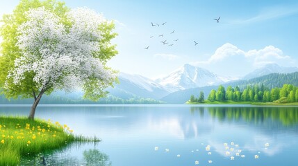 Fototapeta premium Idyllic spring scene overlooking a serene lake with blooming tree majestic mountains in the background against a clear blue sky panorama