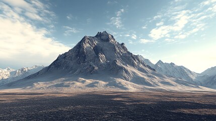 Fototapeta premium A majestic snow-capped mountain rises against a clear blue sky, showcasing rugged terrain and a vast landscape below.