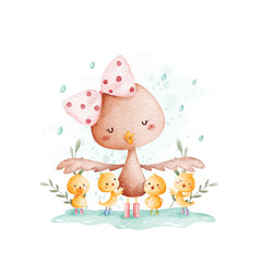 Watercolor Illustration Mother and Baby Chicken
