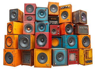 Creative stack of colorful audio music speakers in various sizes and styles, showcasing vibrant colors and textures