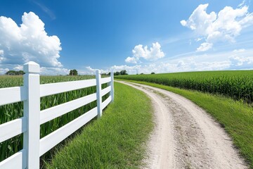 Fototapeta premium A scenic dirt road winding through lush green fields under a bright blue sky
