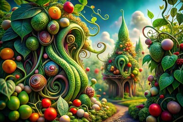 Surreal Intricate Garden Bean Plant Drawing Texture - Botanical Fantasy Art
