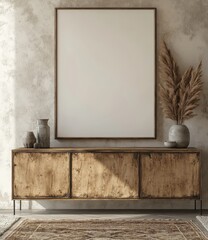 Rustic living room display with empty framed art