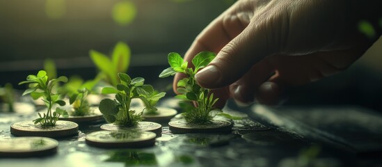 Hand tending young sprouts in a hydroponic garden
