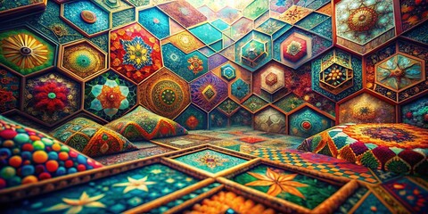 Surreal Patchwork Textile: Abstract Art Background with Unique Geometric Pattern Overlay