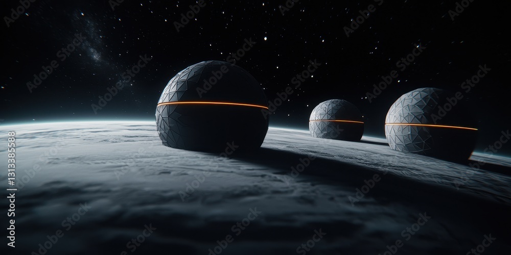 Poster Futuristic spheres hover above a textured surface, illuminated by a warm glow, set against a starry cosmic backdrop.