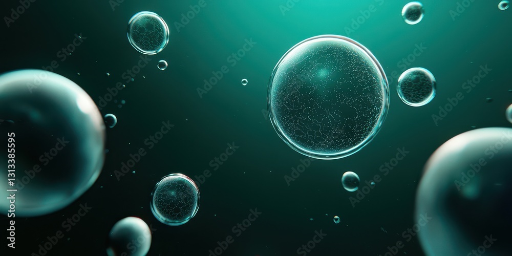 Poster This image features translucent bubbles floating in a dark, ethereal space, illuminated by a soft turquoise glow, creating a serene and dreamlike atmosphere.