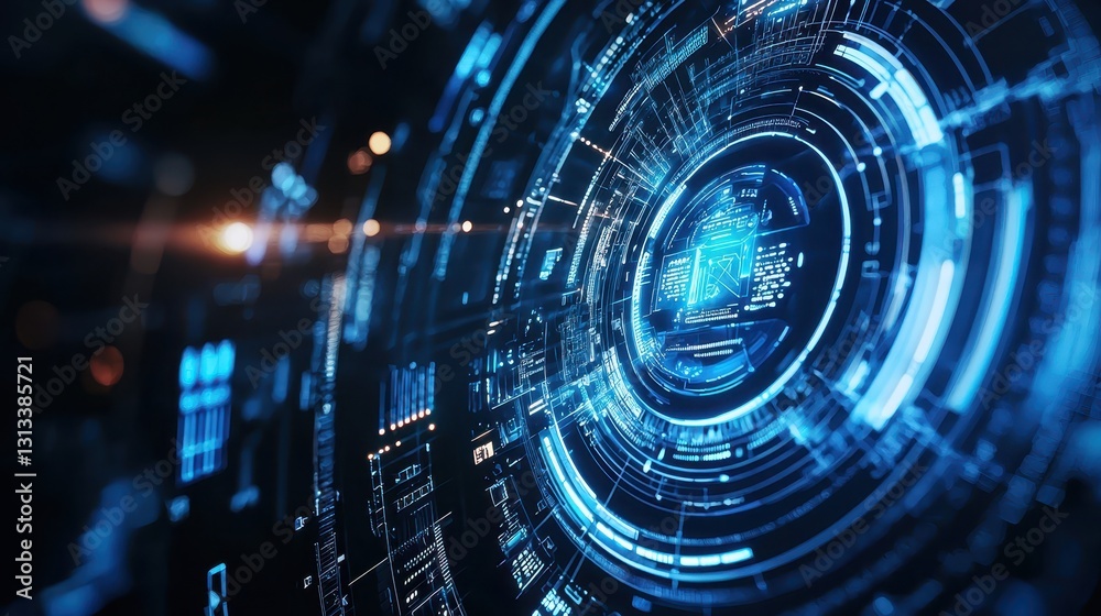 Poster futuristic digital interface with circular data visualization elements