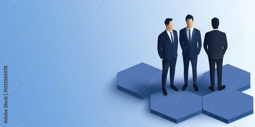 Poster three business professionals in suits stand on hexagonal platforms against a light blue background, 