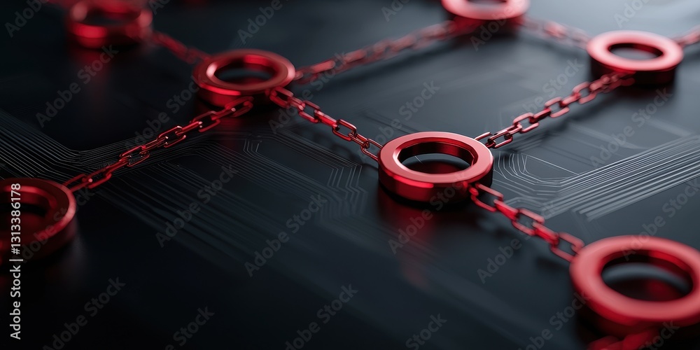 Poster A close-up image of a geometric pattern featuring red rings connected by chains on a dark background, evoking a modern and digital aesthetic.