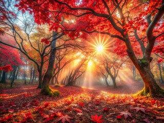 Surreal Sunlit Autumn Tree with Crimson Leaves - Fantasy Nature Photography