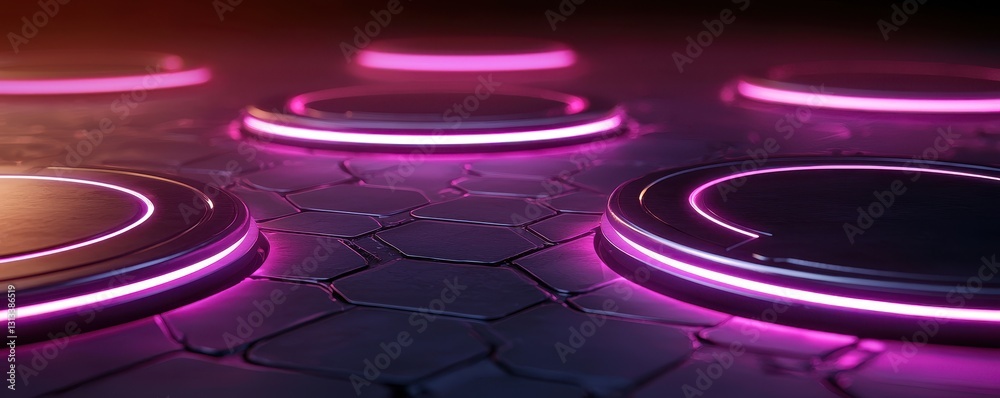 Poster A futuristic scene featuring glowing circular pads with a hexagonal background, illuminated by soft pink light.