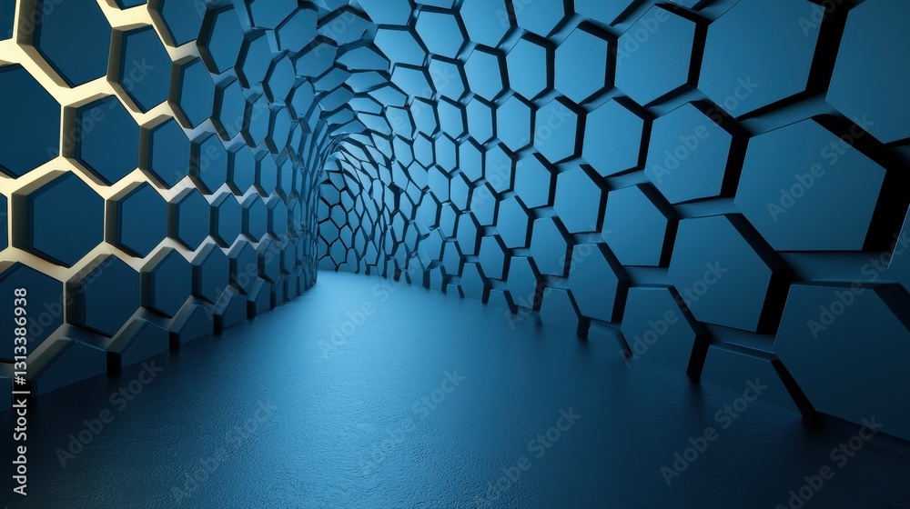 Aufkleber A futuristic tunnel with a hexagonal pattern, illuminated in blue tones, creating a sense of depth and movement.