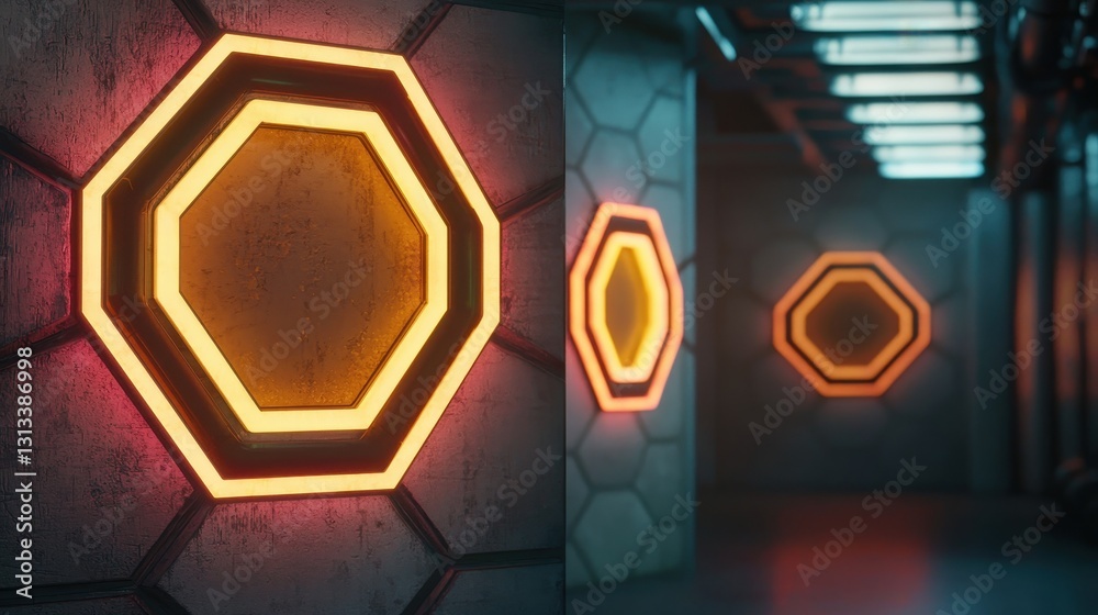 Aufkleber A futuristic corridor features glowing hexagonal lights on textured walls, creating an intriguing and modern atmosphere.