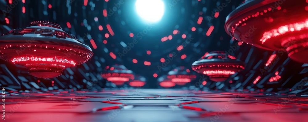 Poster a futuristic scene featuring hovering spacecraft illuminated by a glowing blue light amidst a high-t