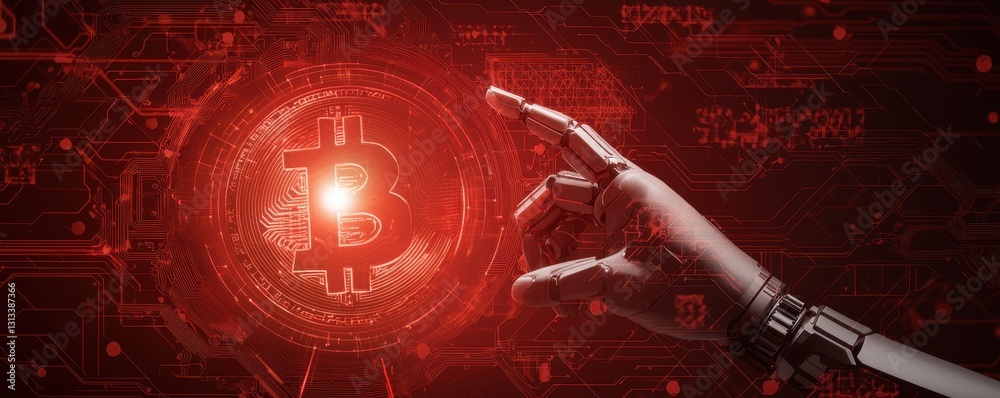 Aufkleber A robotic hand reaches towards a glowing Bitcoin symbol, set against a digital background in red hues, symbolizing the intersection of technology and cryptocurrency.