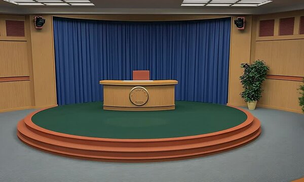 Circular podium with wooden desk and blue curtains in a government meeting room