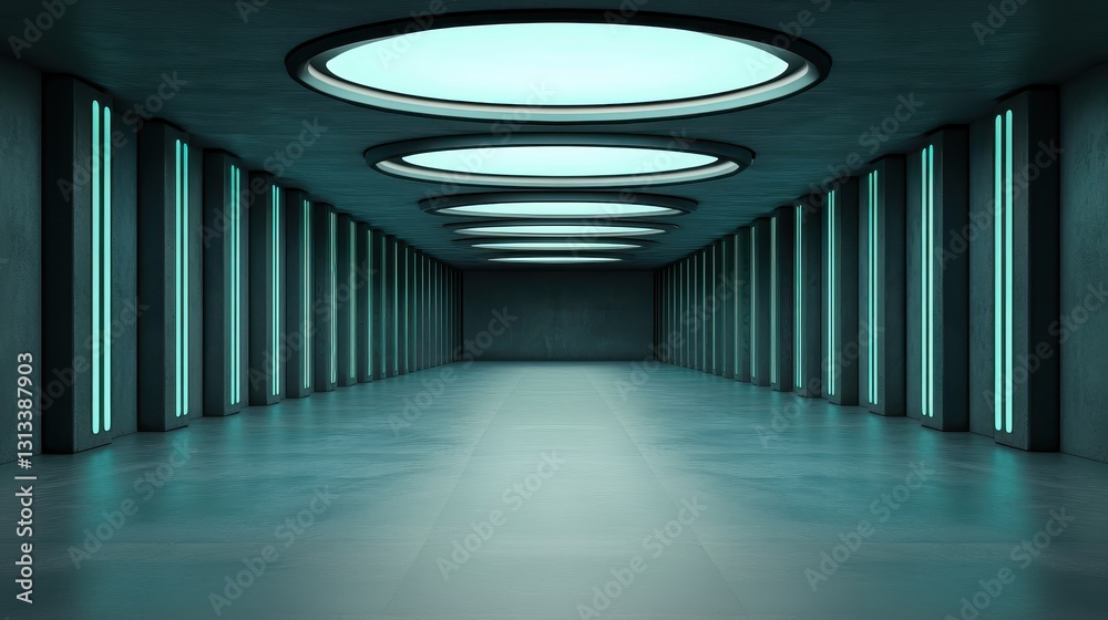 Poster a modern, spacious corridor with circular skylights and illuminated vertical lines, creating a futur