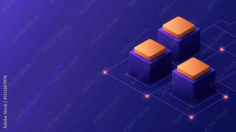 Poster a minimalist digital design featuring three purple blocks with orange tops, set against a deep blue 
