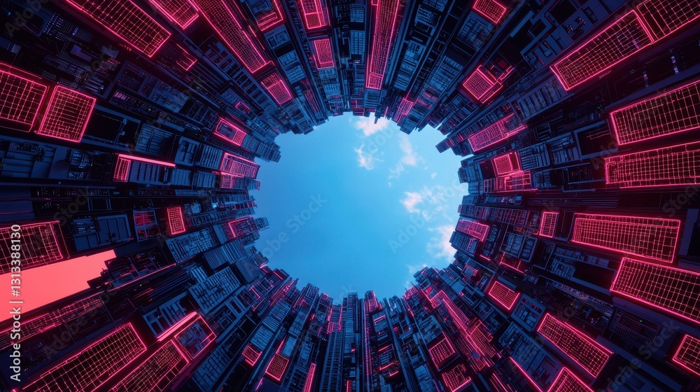 Poster a futuristic cityscape viewed from below, featuring towering structures with glowing red lights surr