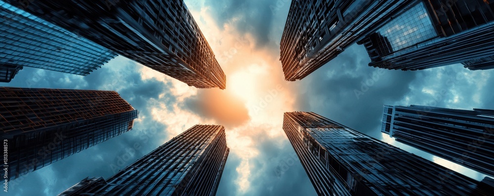 Poster a dramatic view of towering skyscrapers reaching towards a bright, sunlit sky, creating a captivatin