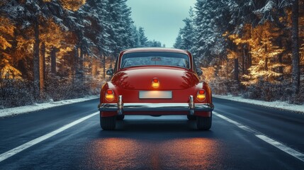 Classic red car driving through snowy winter landscape adventure christmas scenic roadtrip vacation nostalgia transportation journey