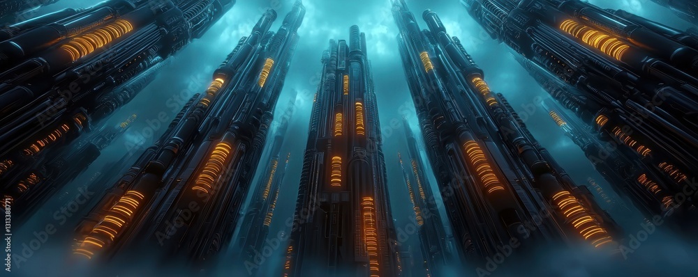 Poster A futuristic cityscape with towering structures illuminated by orange lights, enveloped in mist, creating a mysterious and otherworldly atmosphere.