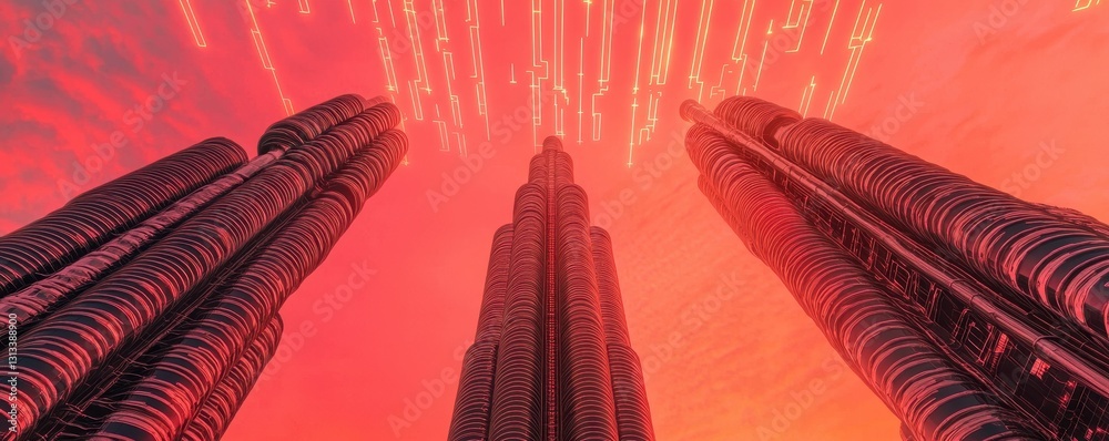 Poster A futuristic skyline featuring towering structures under a vibrant red sky, with intricate details and a sense of depth.
