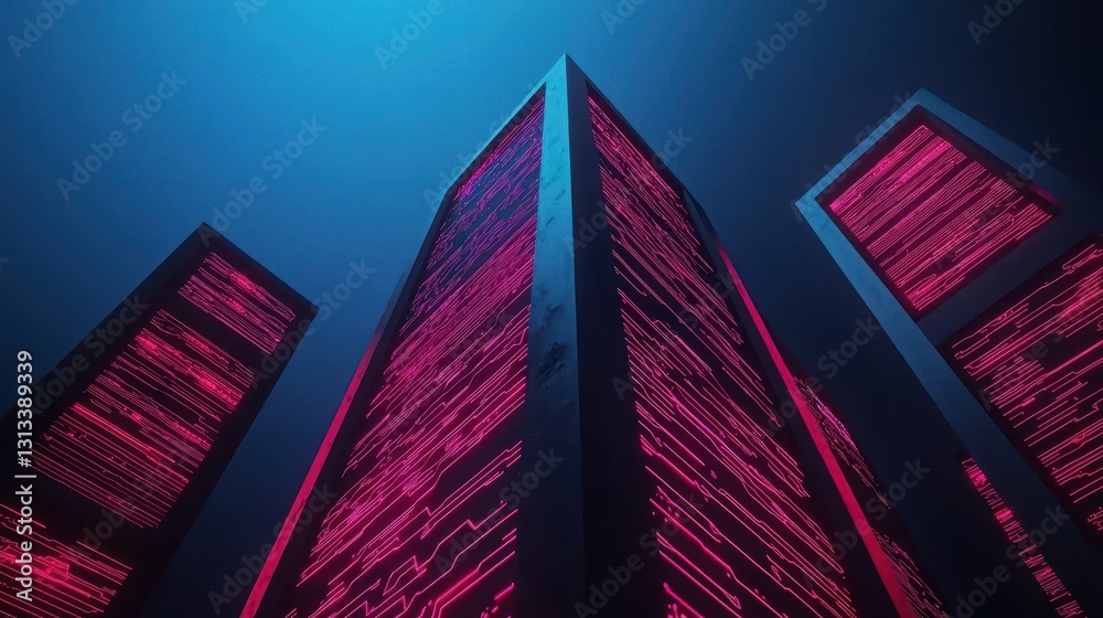 Poster a futuristic scene featuring tall, illuminated structures with a vibrant red glow against a dark bac