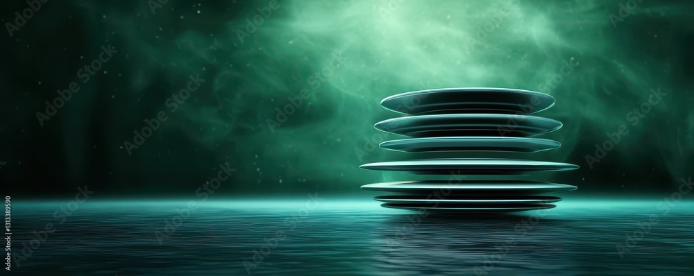 Fototapete a stack of translucent plates glows in a misty green environment, creating a serene and mysterious a