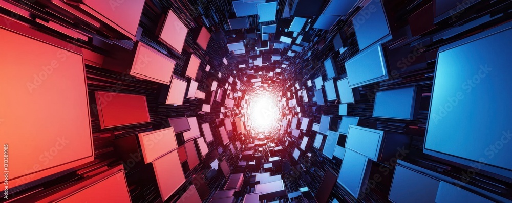 Poster A vibrant tunnel of red and blue blocks converging towards a bright light at the center, creating a dynamic and futuristic atmosphere.