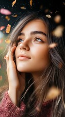 Naklejka premium Young woman with long wavy brown hair and light skin looking up surrounded by falling autumn leaves in soft natural light