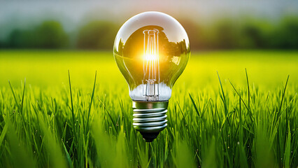 a single lightbulb that is glowing with a warm yellow light in front of a field of tall green grass