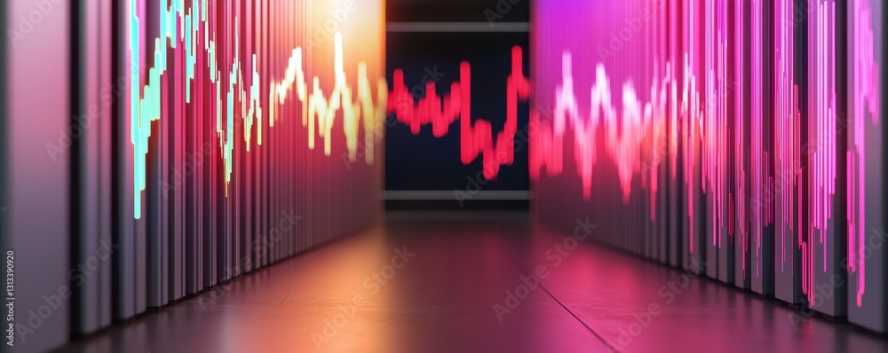 Poster A vibrant corridor illuminated by colorful waveforms suggests a blend of technology and creativity, representing digital data and innovation.
