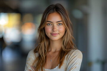 Portrait of a beautiful young woman smiling and looking at camera. Woman portrait