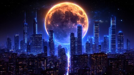 Obraz premium Futuristic cityscape at night with a glowing moon digital illustration of urban fantasy technology and glowing lights in a metropolis