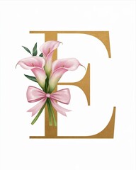 Elegant Gold Letters with Pink Calla Lilies, Luxurious gold letters adorned with pink calla lilies, green leaves, and a soft pink ribbon, perfect for elegant and romantic designs.

