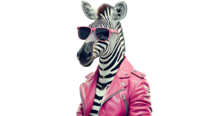 Zebra wearing pink sunglasses and biker jacket on transparent background