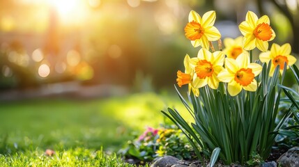 Bright Yellow Daffodils Blooming in a Sunlit Garden Landscape
