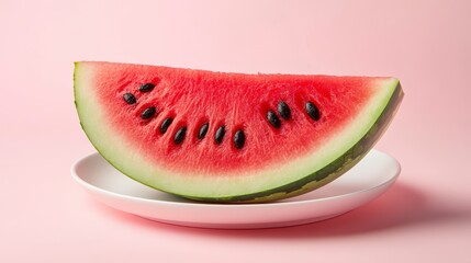 A Slice Of Watermelon On A Plate Against A Pink Background On A