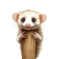 Naklejka premium Adorable White Opossum Holding Wooden Post