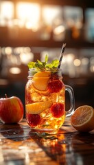 red apple iced tea in an artisan glass mason jar