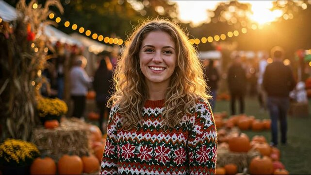 A smiling woman in a festive setting with pumpkins around